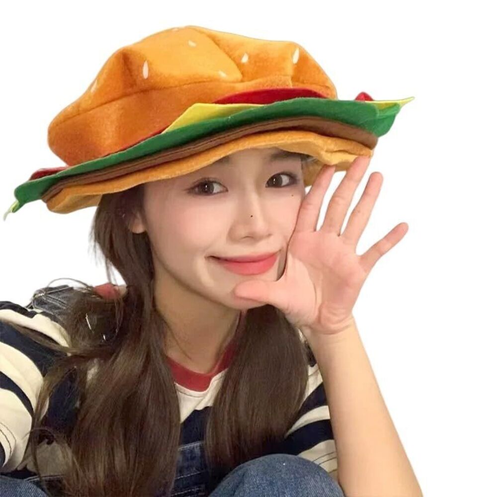 8191 Funny Hamburger Hat Adults Kids Plush Cute Cheeseburger Headgear Fun